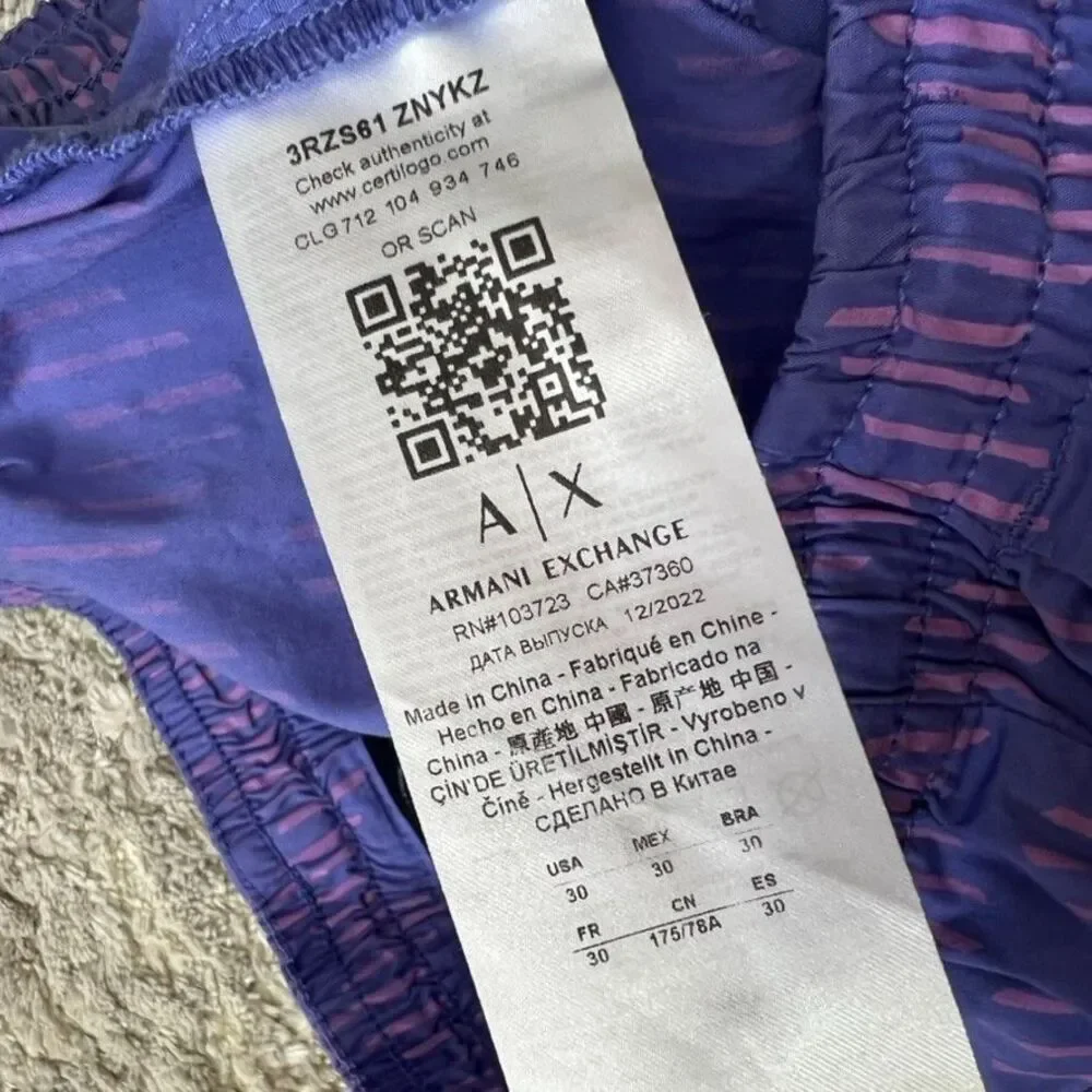 Armani Exchange Elastic Waist Blue Purple Zig-Zag Print Shorts Mens 30